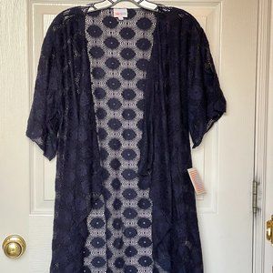 LULAROE VINTAGE LACE MONROE KIMONO NAVY W/ BLACK FRINGE SIZE SMALL NWT